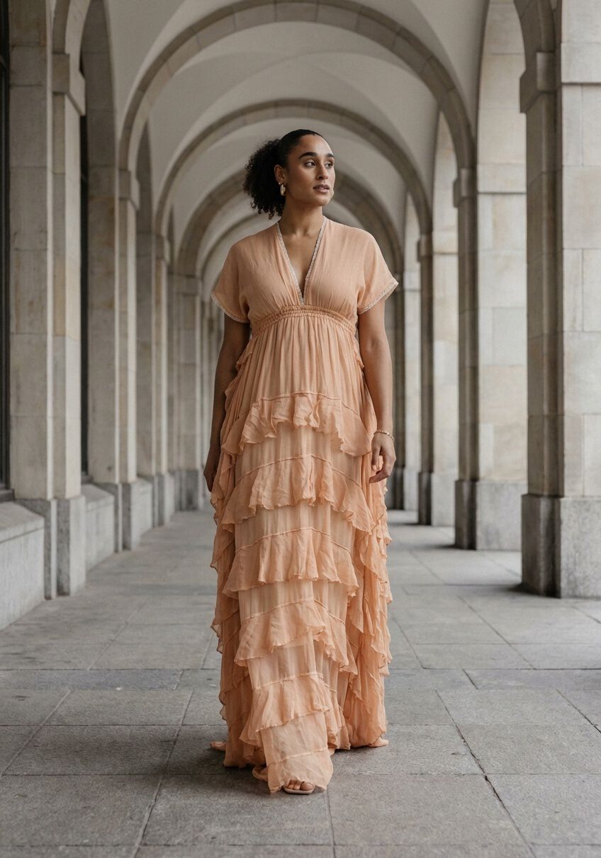 Pink Baby Amara tiered ruffle maxi dress in peach with flowing fabric and layered ruffles, perfect for warm-weather occasions.