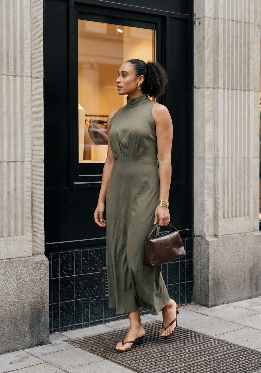 Olive green Selene high-neck sleeveless midi dress by Pink Baby, showcasing its elegant high neckline and fitted sleeveless design.