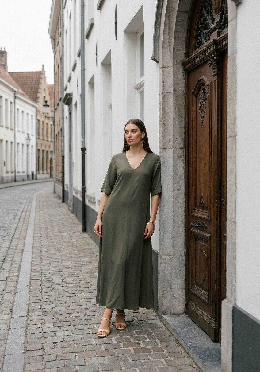 Olive green Alissa V-neck flowing maxi dress by Pink Baby, featuring a relaxed fit and elegant V-neck design.