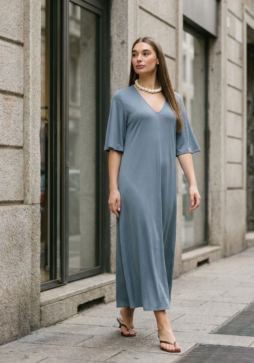 Pink Baby Aurélia V-Neck Flowing Maxi Dress in dusty blue, featuring a relaxed fit and elegant V-neck design.