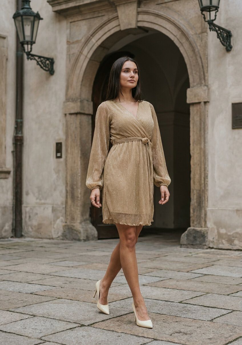 Pink Baby Maristella Shimmer Wrap Mini Dress in gold with long sleeves and a fitted silhouette, showcased on a plain background.
