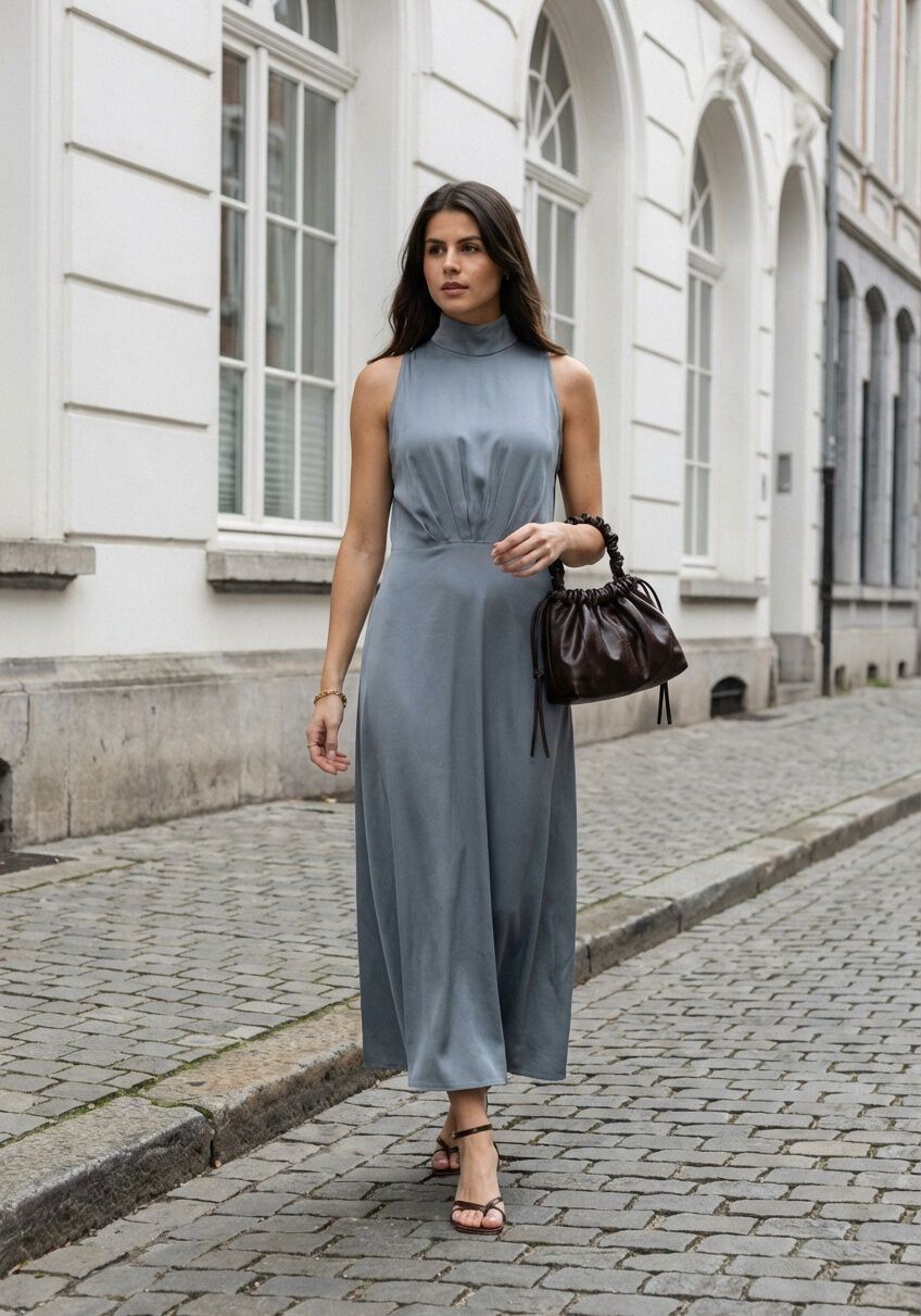 Pink Baby Celest Draped High-Neck Maxi Dress in Dusty Blue, featuring a flowing fabric and elegant high neckline.