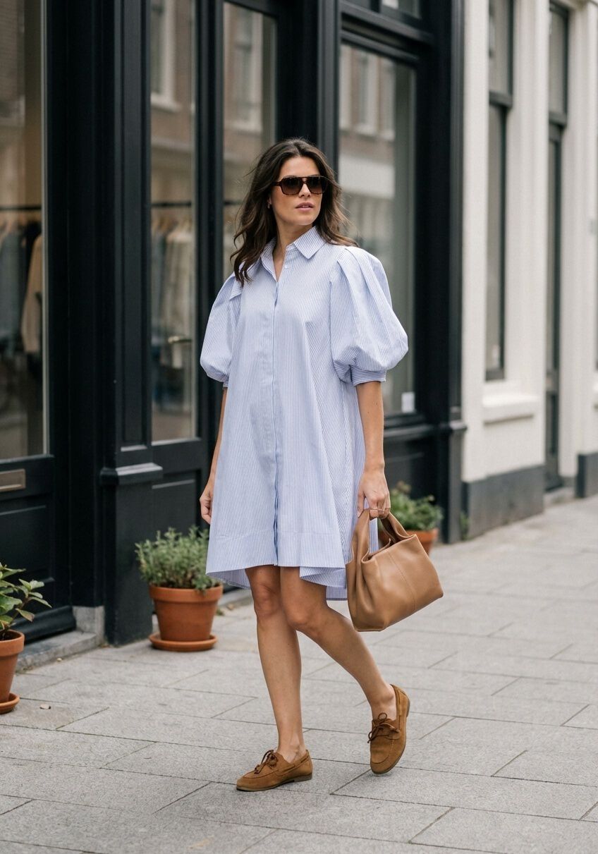 Pink Baby Christine striped puff sleeve shirt dress in blue with a collared neckline and button front, styled with a casual fit.