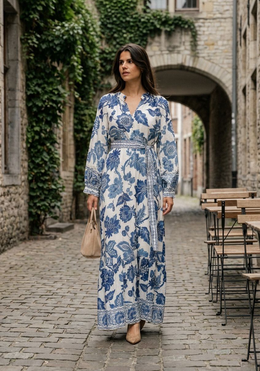 Pink Baby Isadora floral belted maxi dress in blue and white with a flowing design and waist tie, perfect for summer wear.
