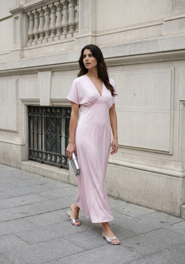 Pink Baby Juliana satin V-neck maxi dress in blush color, featuring a flowing satin fabric and elegant design.