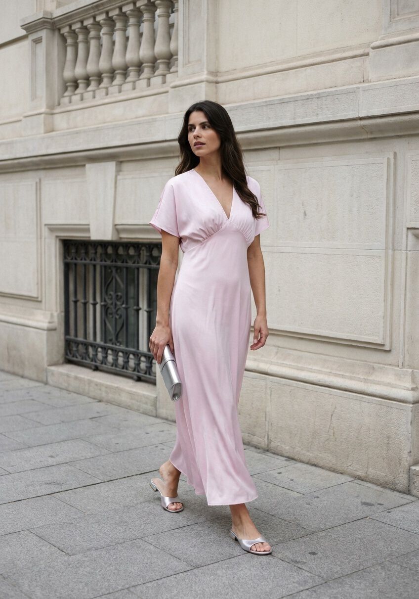Pink Baby Juliana satin V-neck maxi dress in blush color, featuring a flowing satin fabric and elegant design.