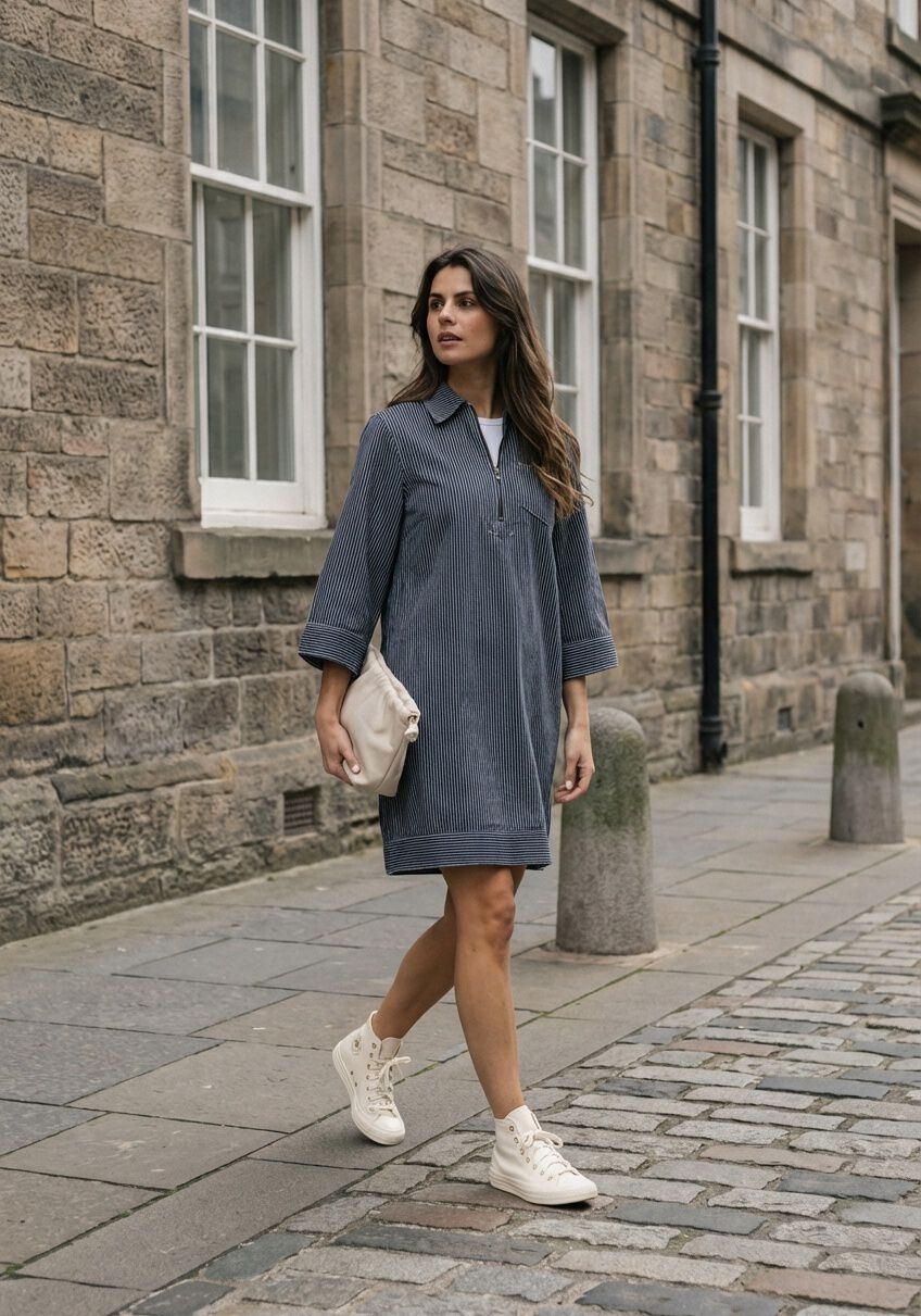 Pink Baby Viana zip-collar striped mini dress in charcoal grey, featuring a stylish collar and fitted silhouette.