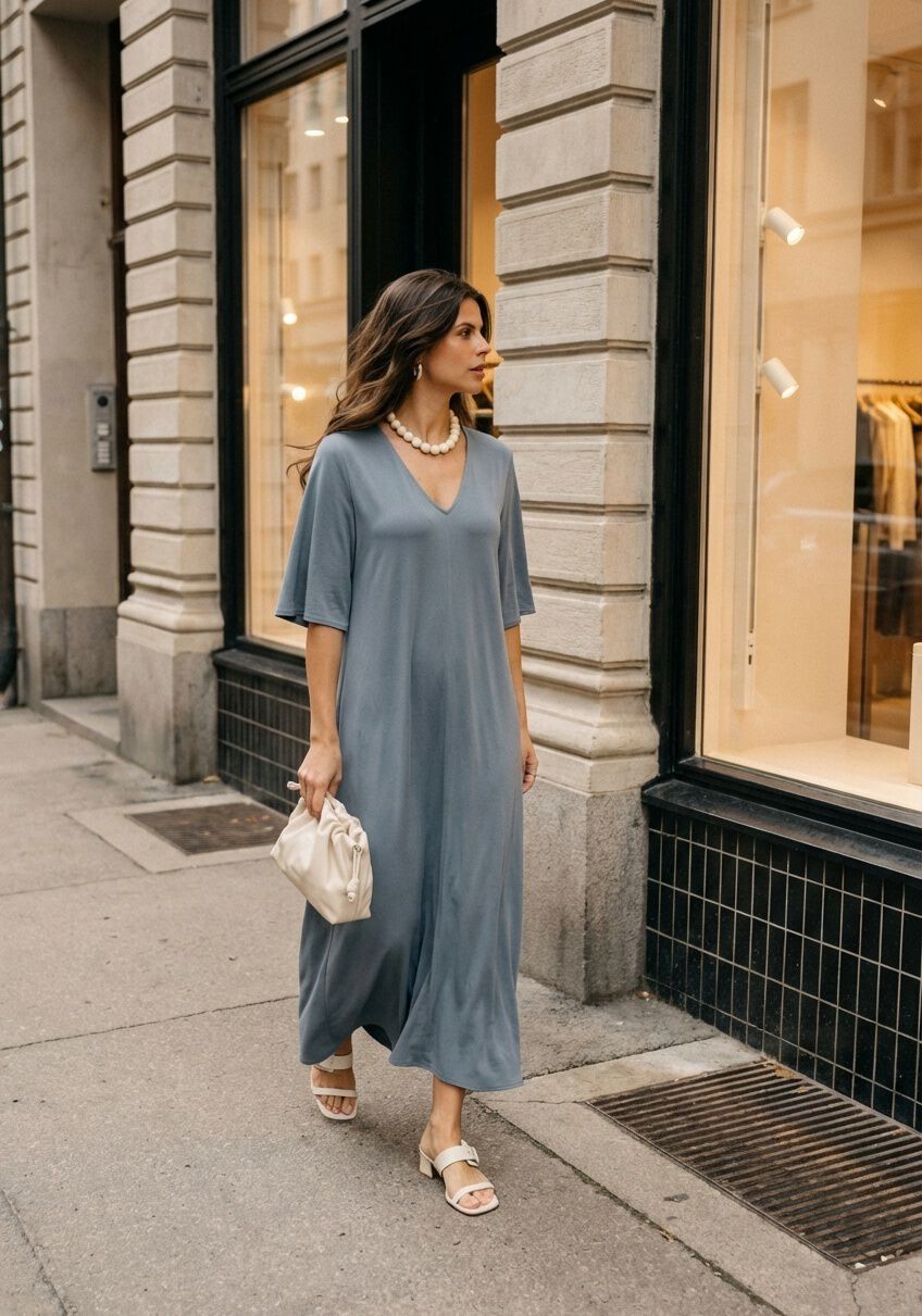 Pink Baby Aurélia V-Neck Flowing Maxi Dress in dusty blue, featuring a soft, flowing fabric and elegant V-neck design.
