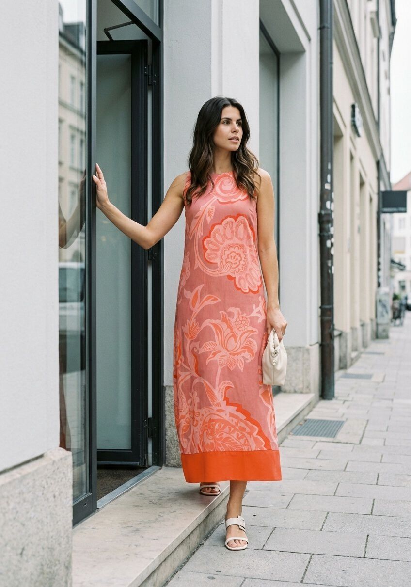 Pink Baby Rosalind floral print maxi dress in coral pink with a flowing design and vibrant floral pattern.