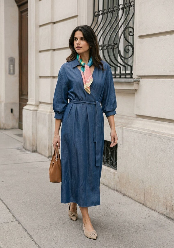 Pink Baby Violinda wrap shirt midi dress in denim blue, featuring a stylish wrap design and midi length for a chic look.