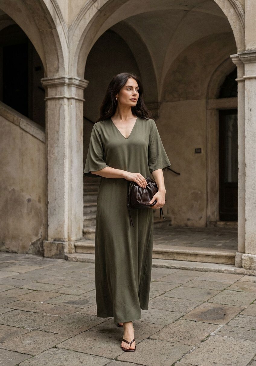 Olive green Alissa V-neck flowing maxi dress by Pink Baby, featuring a relaxed fit and elegant drape on a model.
