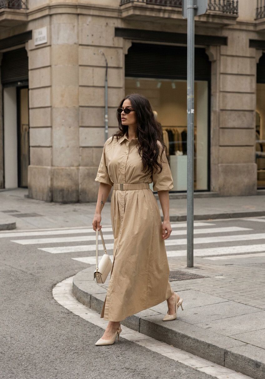 Pink Baby Sabine Belted Shirt Maxi Dress in sand beige, featuring a flowing fabric, belted waist, and long sleeves.