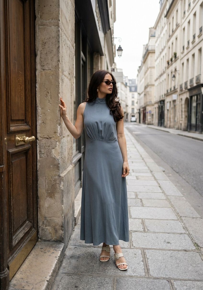 Dusty blue Celest high-neck maxi dress by Pink Baby featuring elegant draped fabric and a flowing silhouette.