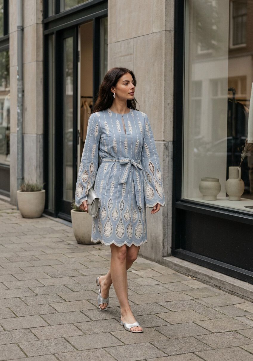 Pink Baby Jona Sky Blue Embroidered Lace Mini Dress with intricate lace details and embroidered floral patterns.