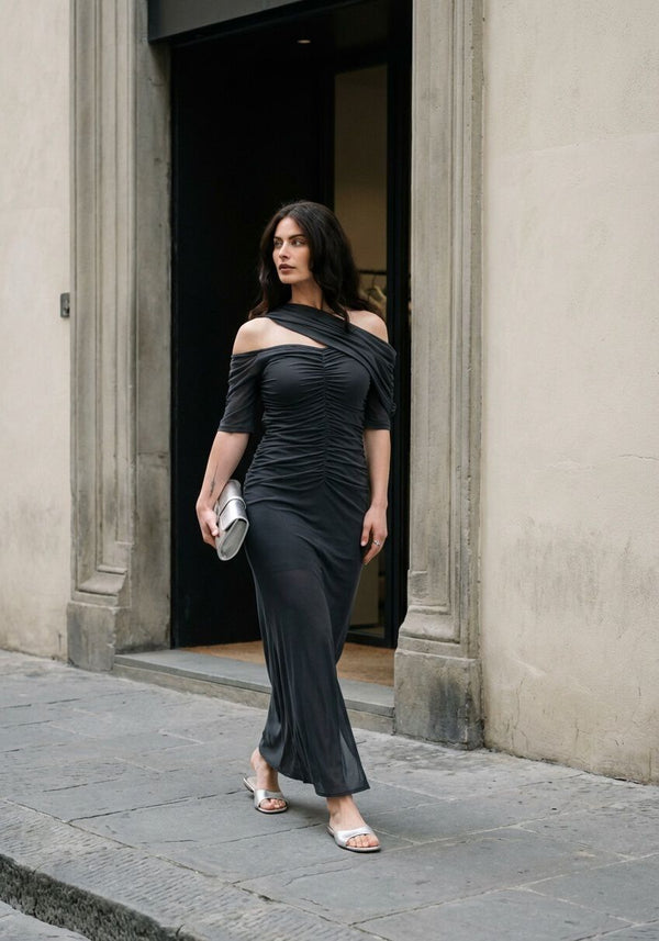 Slate blue Sarina draped one-shoulder midi dress by Pink Baby, featuring elegant fabric and a stylish asymmetric neckline.