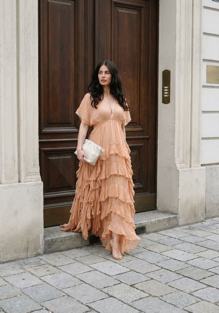 Pink Baby Amara tiered ruffle maxi dress in peach, featuring flowing fabric and layered ruffles for a stylish look.