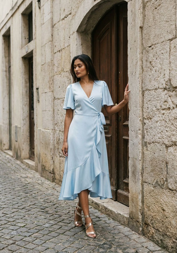 Pink Baby Livina Ruffle-Hem Wrap Midi Dress in powder blue, featuring a ruffle hem and elegant wrap style.