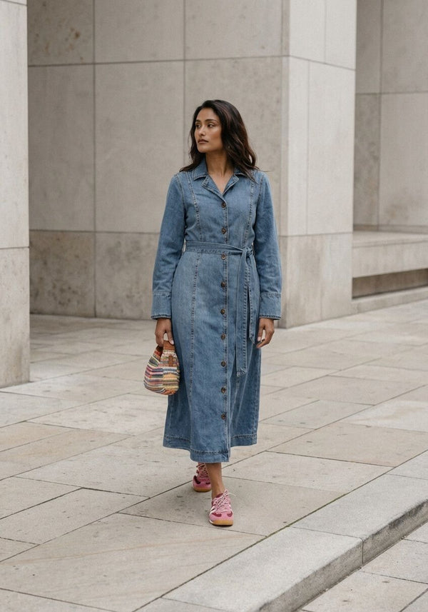Pink Baby Caterina belted denim midi dress in mid blue with a fitted waist and stylish design, displayed on a hanger.