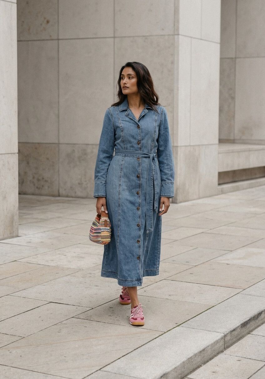 Pink Baby Caterina belted denim midi dress in mid blue with a fitted waist and stylish design, displayed on a hanger.