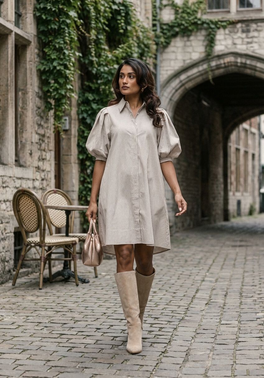 Pink Baby Arabel striped puff sleeve shirt dress in taupe with a relaxed fit and stylish design, featuring vertical stripes and puffed sleeves.