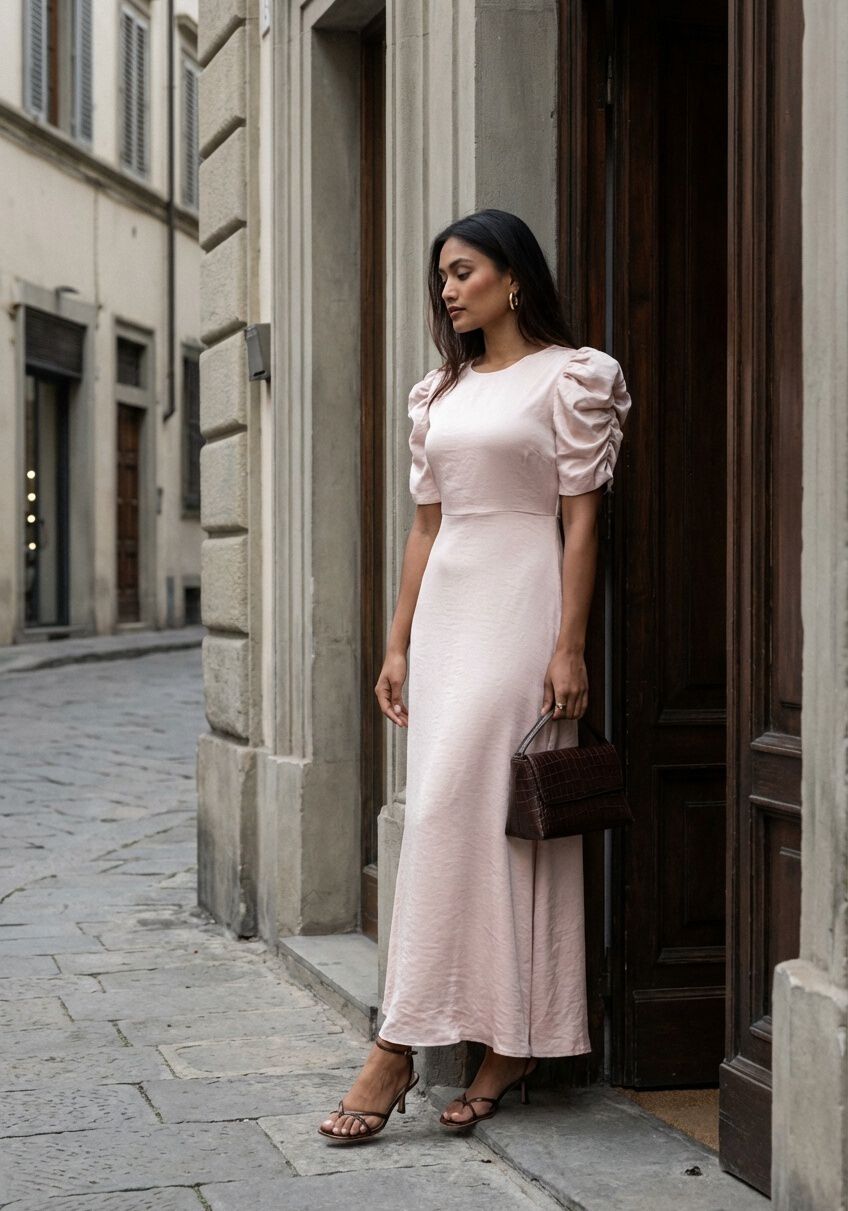Pink Baby Maxine satin puff sleeve maxi dress in blush, featuring elegant puffed sleeves and flowing fabric.