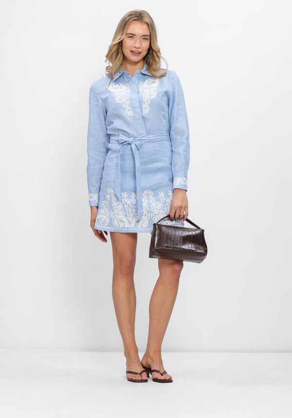 Light blue Isabella embroidered belted shirt dress by Pink Baby, featuring detailed embroidery and a relaxed fit.