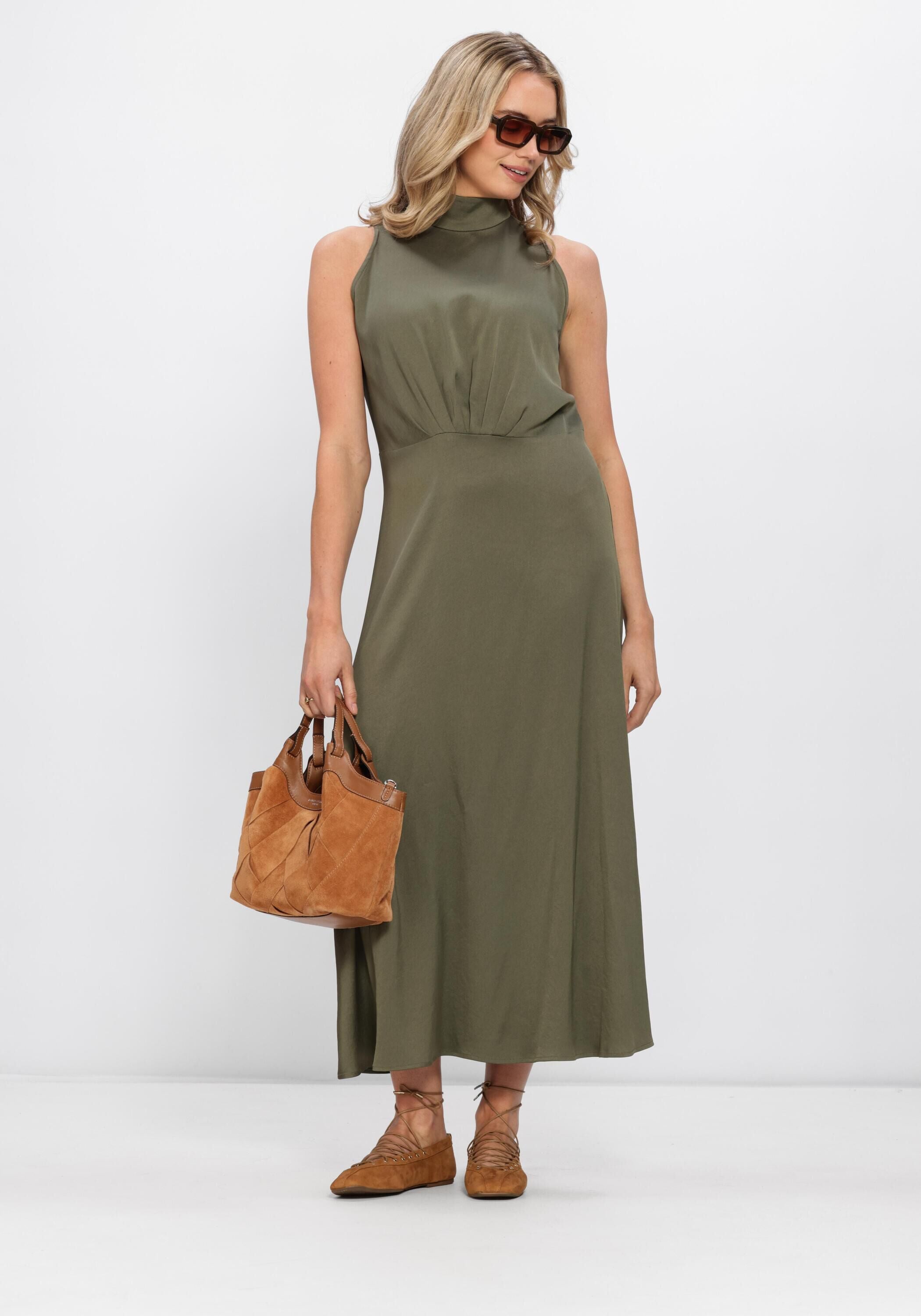 Olive green Selene high-neck sleeveless midi dress by Pink Baby, shown on a mannequin with a fitted waist and flowing skirt.