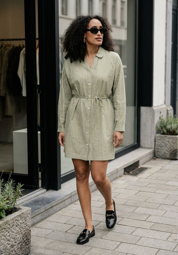 Pink Baby Emilia striped belted shirt dress in sage green, shown on a hanger with button details and a collar.