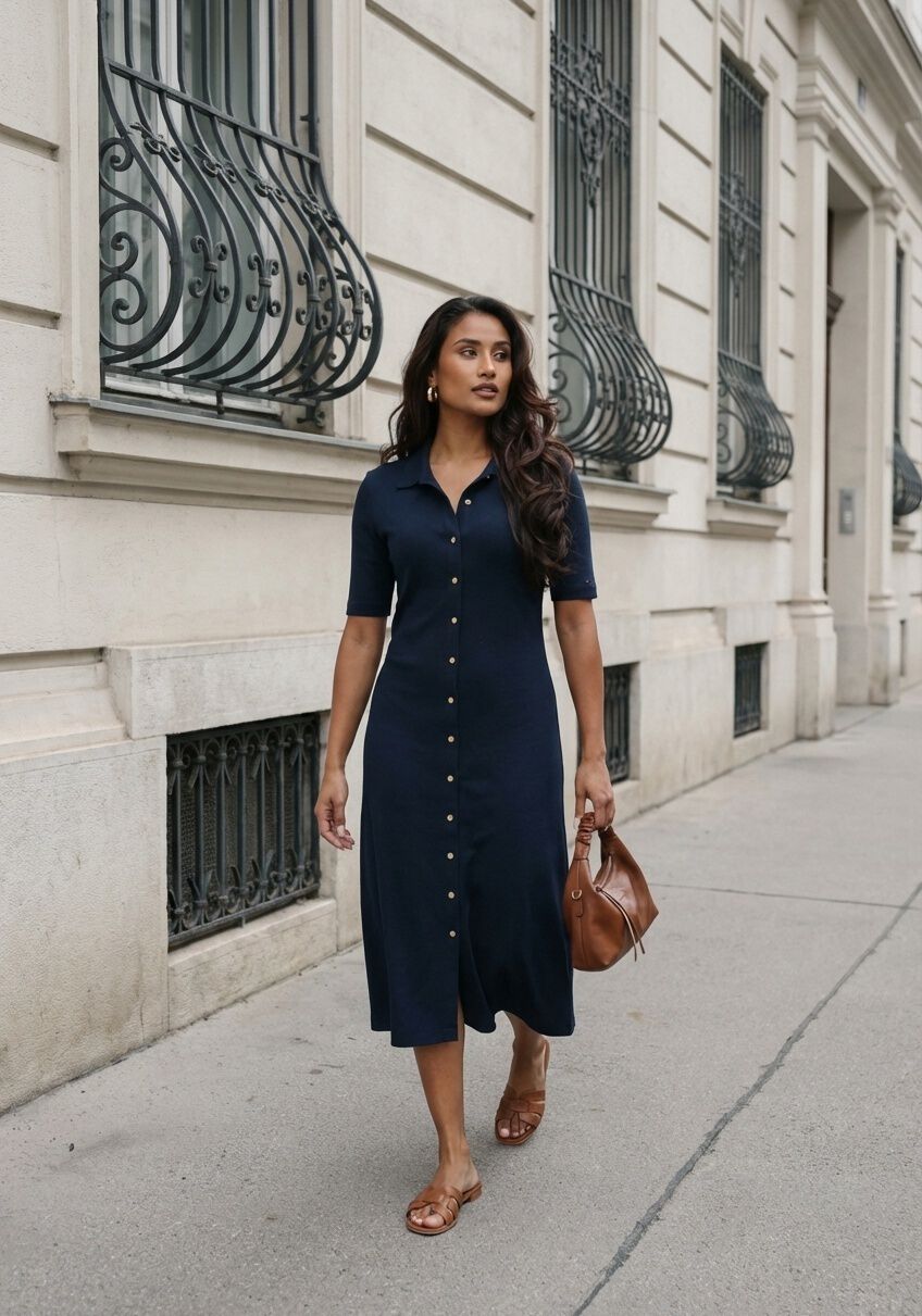 Pink Baby Lucia button-front collared navy midi dress with long sleeves and a fitted waist, displayed on a mannequin.