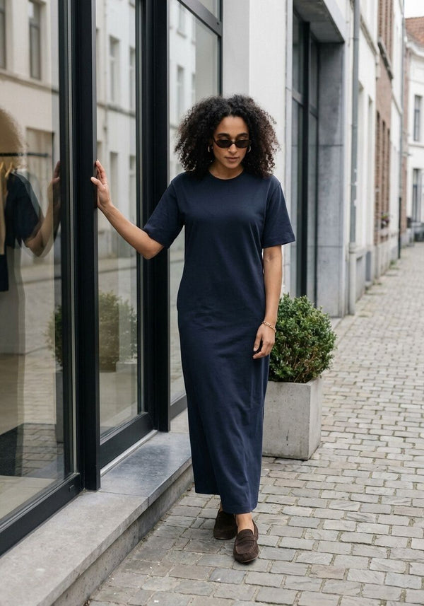 Navy Pink Baby Noela belted maxi T-shirt dress with short sleeves, casual and comfortable, shown on a hanger.