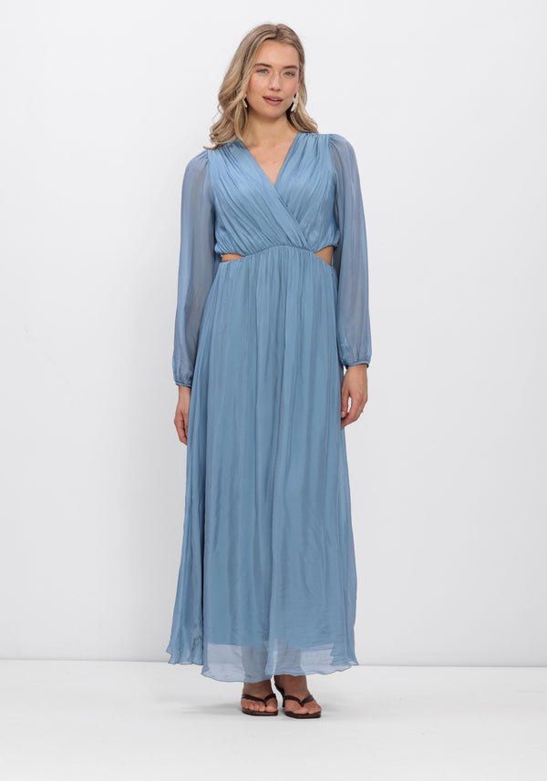 Pink Baby Arielle cut-out wrap maxi dress in dusty blue, featuring a stylish design and elegant length, shown in the product image.