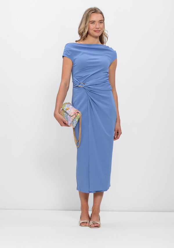 Pink Baby Isolde Draped Hardware Maxi Dress in powder blue, featuring elegant draping and hardware details, full-length view.