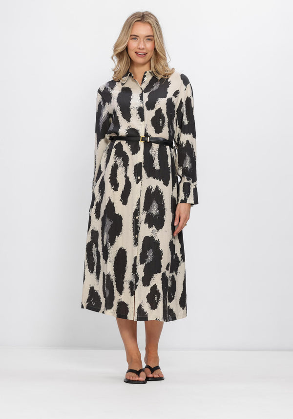 Pink Baby Massy abstract print belted shirt dress in black and beige, featuring a stylish relaxed fit and tie waist.