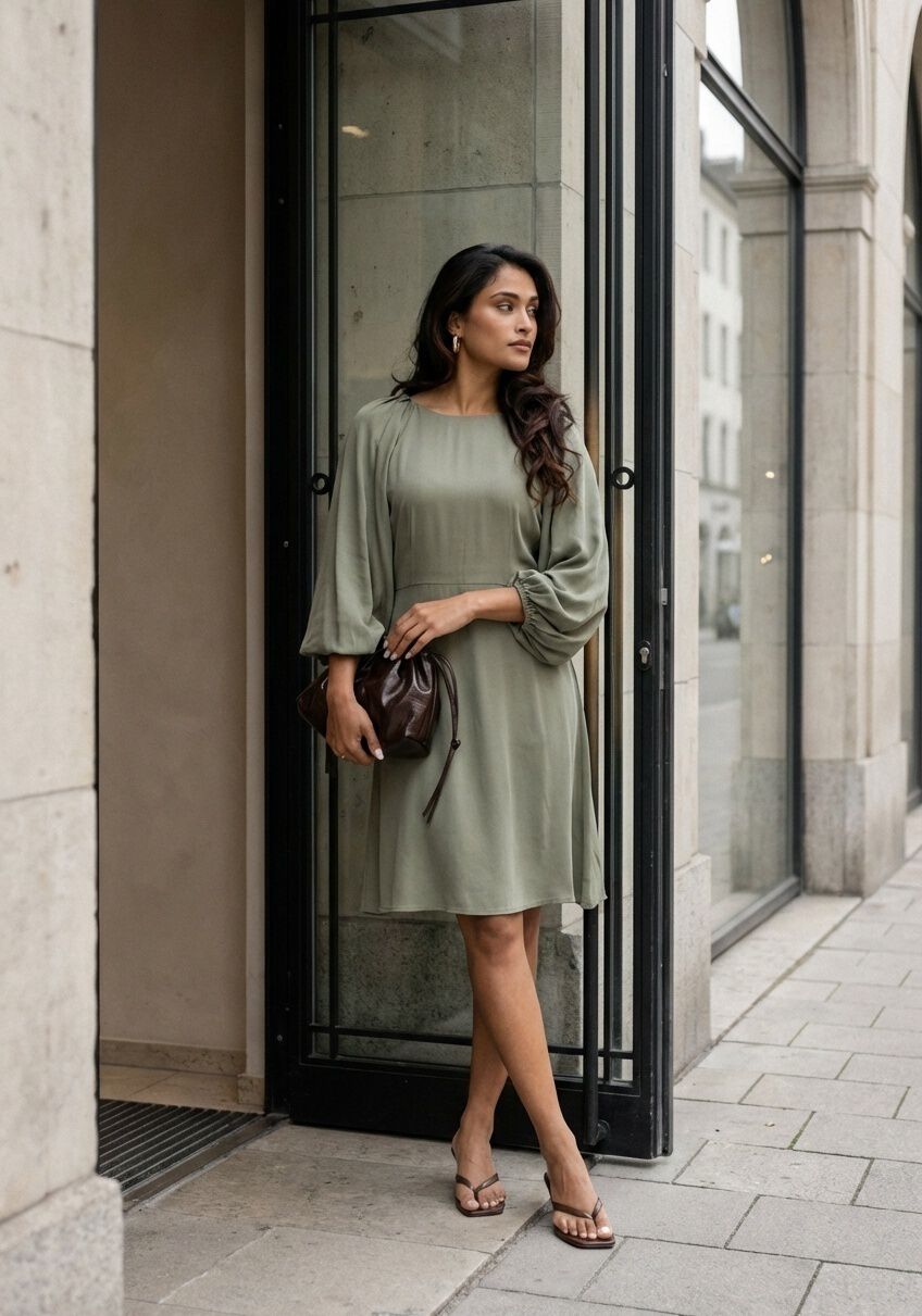 Pink Baby olive green Corsa Draped Balloon-Sleeve Mini Dress with flowing fabric and stylish balloon sleeves.