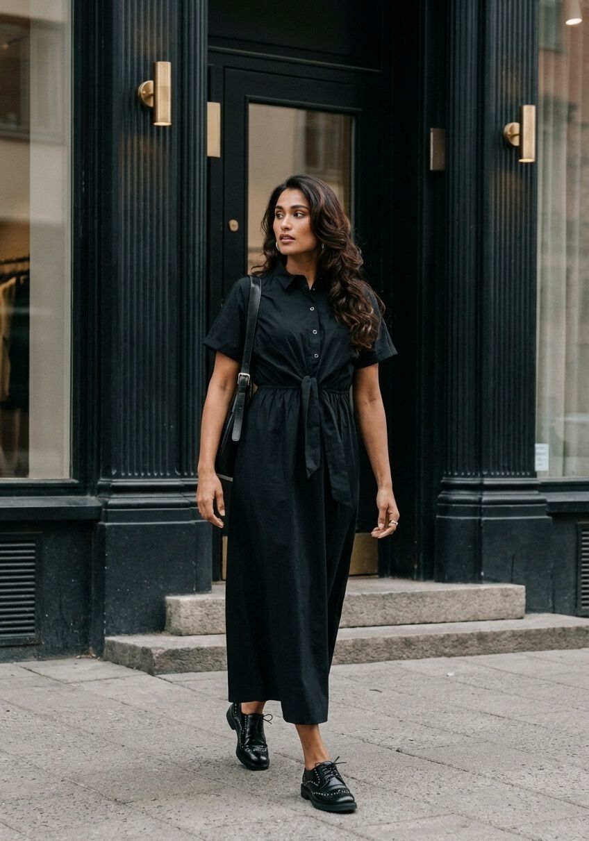 Black Celina tie-waist shirt maxi dress by Pink Baby, featuring long sleeves and a flowing silhouette.