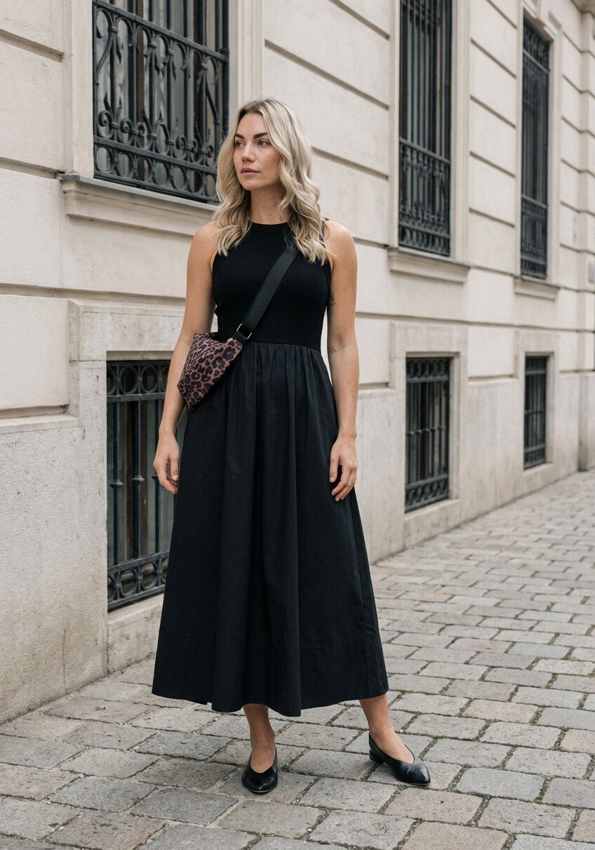 Black Venice sleeveless drop-waist maxi dress by Pink Baby, shown on a hanger with flowing fabric and elegant design.