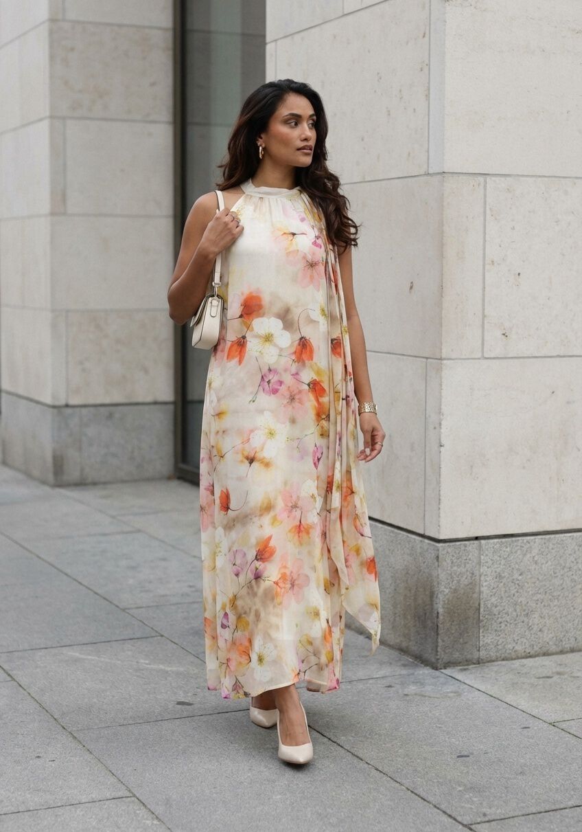 Pink Baby Elara Floral Halterneck Maxi Dress in ivory with colorful floral pattern, displayed on a hanger.
