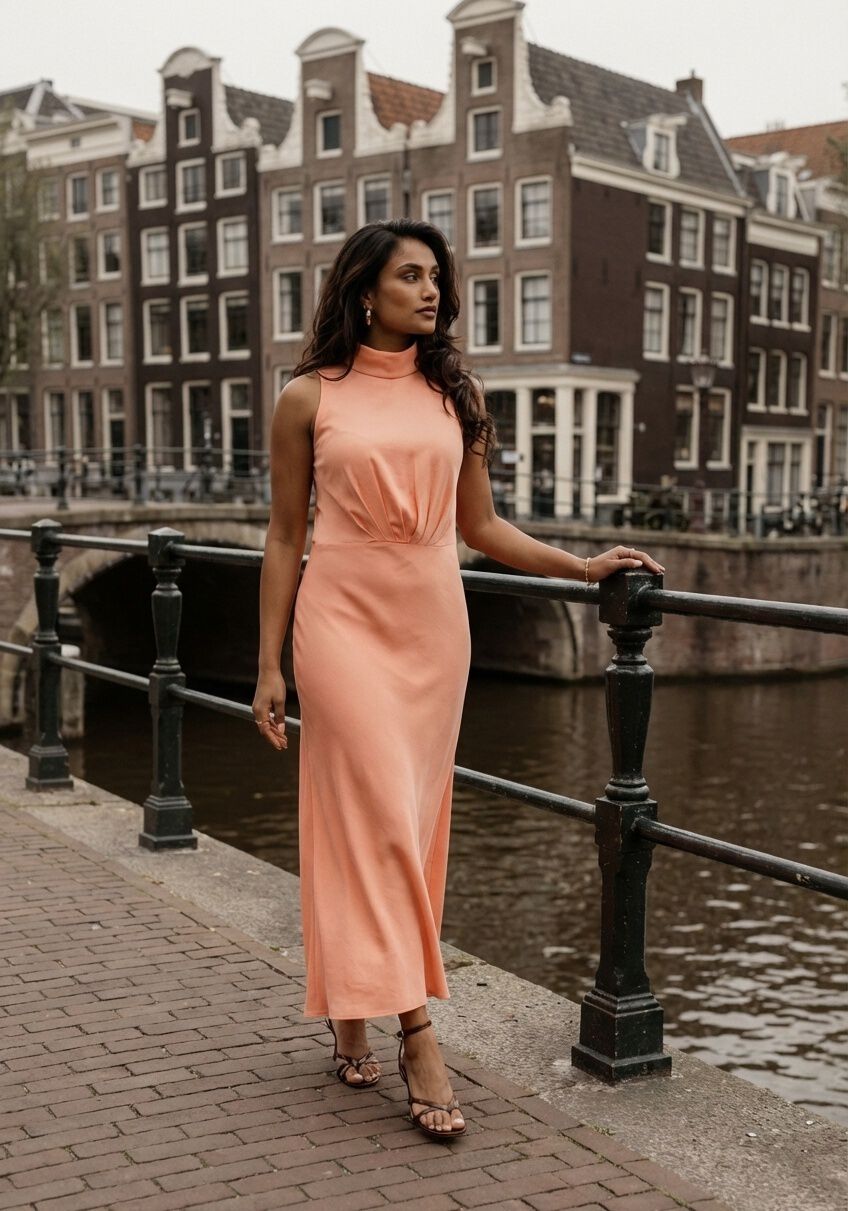 Pink Baby draped high-neck peach maxi dress with flowing fabric and elegant silhouette, perfect for formal occasions.