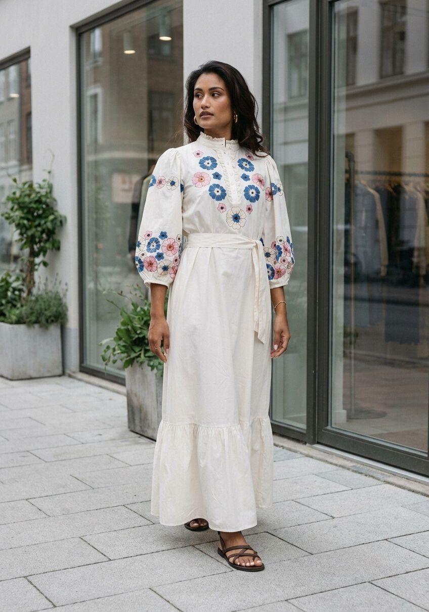 Ivory floral embroidered belted maxi dress by Pink Baby, featuring a flowing silhouette and intricate floral embroidery.
