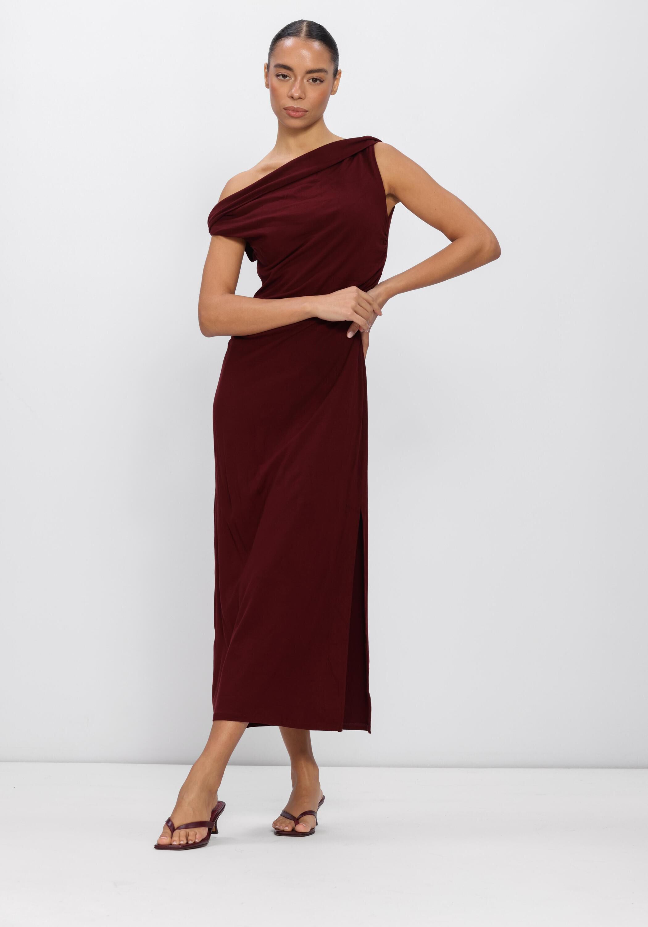 Pink Baby Valentine's draped one-shoulder burgundy midi dress with elegant fabric and fitted silhouette.