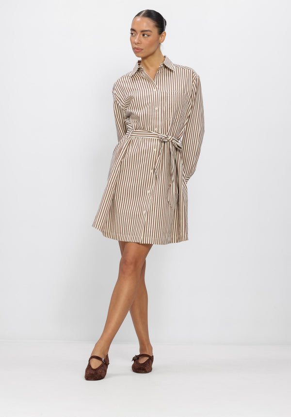 Pink Baby Judy striped belted shirt dress in beige and brown, featuring a collared neckline and waist belt, laid flat.