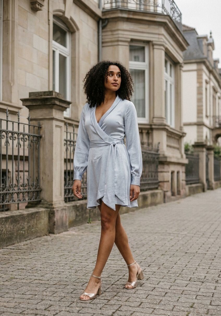 Pink Baby Ariana satin wrap mini dress in ice blue, shown on a hanger with smooth satin fabric and a flattering wrap design.