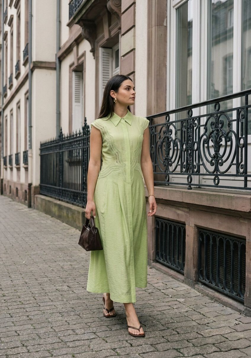 Pink Baby Alessia lace-trim maxi dress in sage green, featuring a flowing silhouette and delicate lace details.