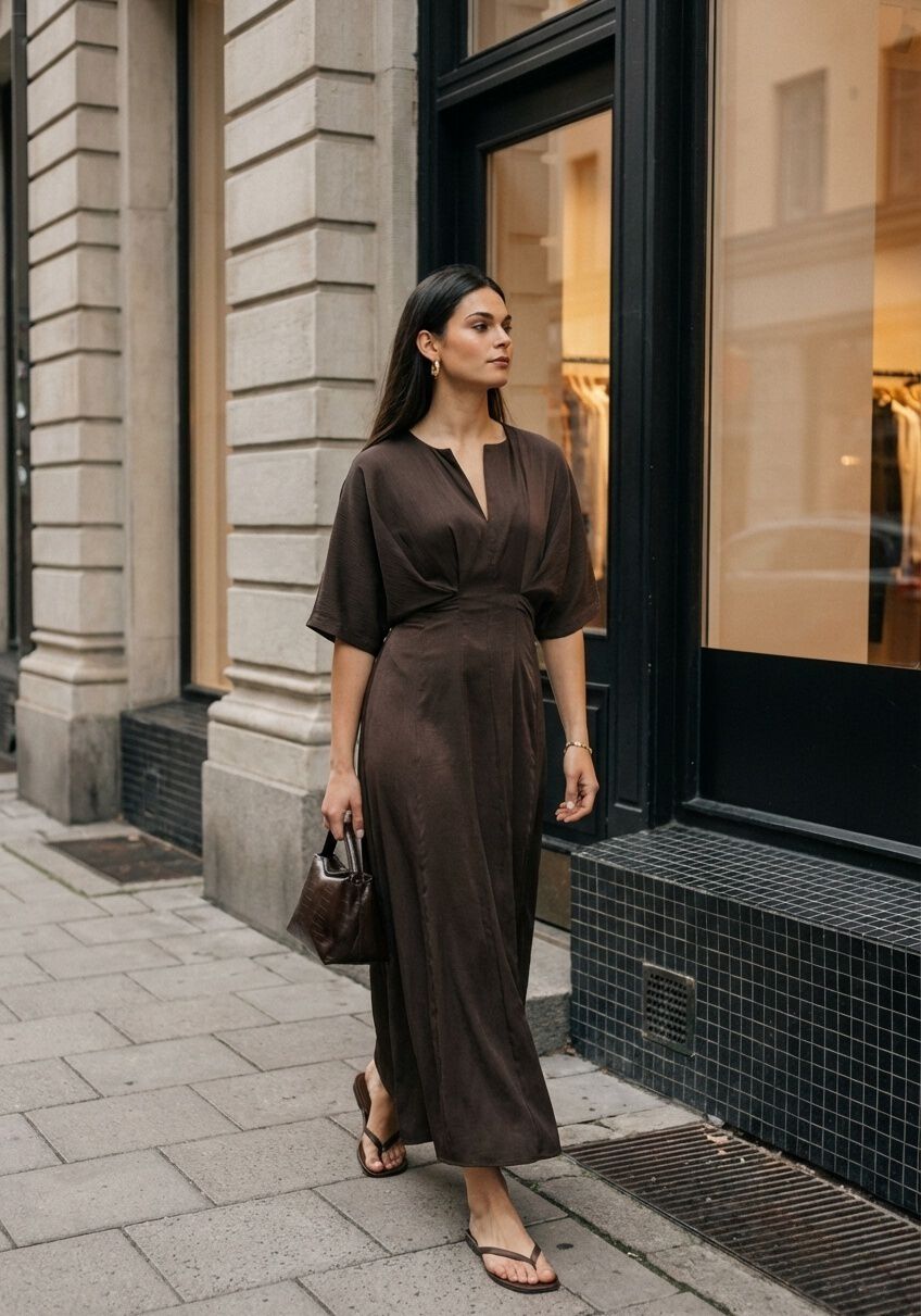 Pink Baby Jena Sculpted Waist Maxi Dress in chocolate brown, featuring a fitted waist and flowing fabric, full-length view.