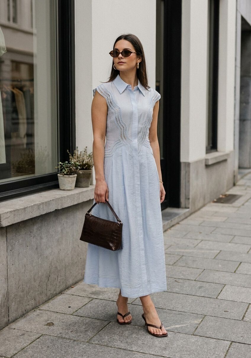 Light blue Faisa lace-trim maxi shirt dress by Pink Baby, featuring a relaxed fit and elegant lace details.