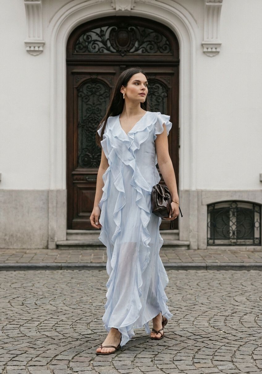 Pink Baby Diana ruffled maxi dress in soft blue, flowing fabric with ruffle details, perfect for elegant summer occasions.