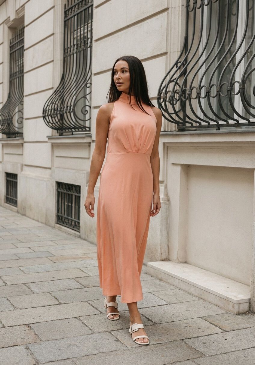 Pink Baby Sera draped high-neck peach maxi dress displayed on a hanger with flowing fabric and elegant design.
