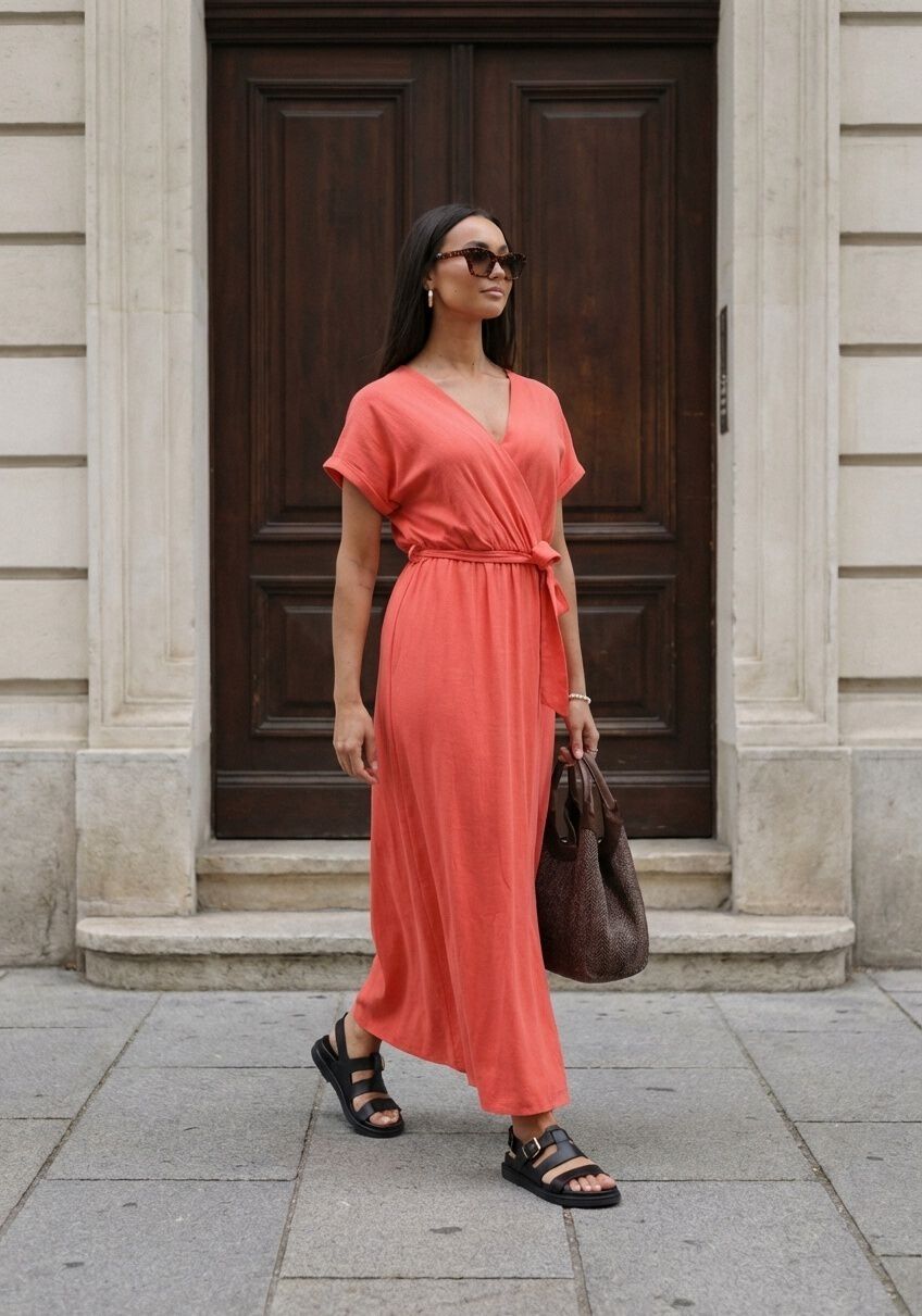Pink Baby Alina Belted Wrap Maxi Dress in coral, featuring a flowing fabric and waist belt, displayed on a dress form.