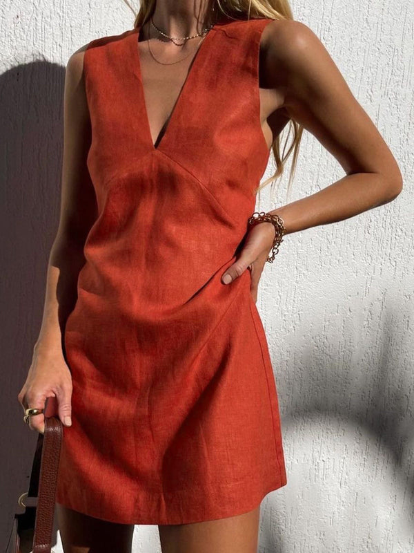 Pink Baby cotton and linen V-neck short dress with a relaxed fit, perfect for casual summer wear.