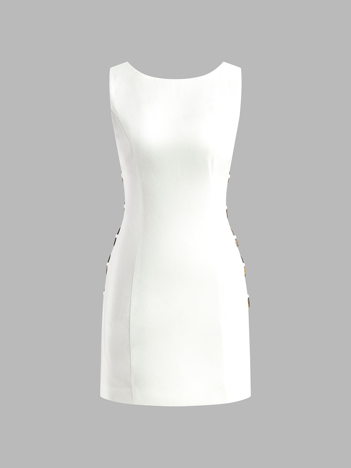 Pink Baby O-Ring cutout sleeveless dress displayed on a hanger with a fitted bodice and stylish design.